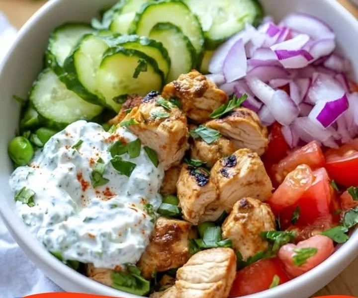 Griechische Hähnchen-Tzatziki-Bowl mit frischen Zutaten und cremigem Tzatziki.