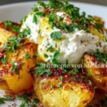 Griechische Ofenkartoffeln mit geschlagenem Feta auf einem Teller angerichtet.