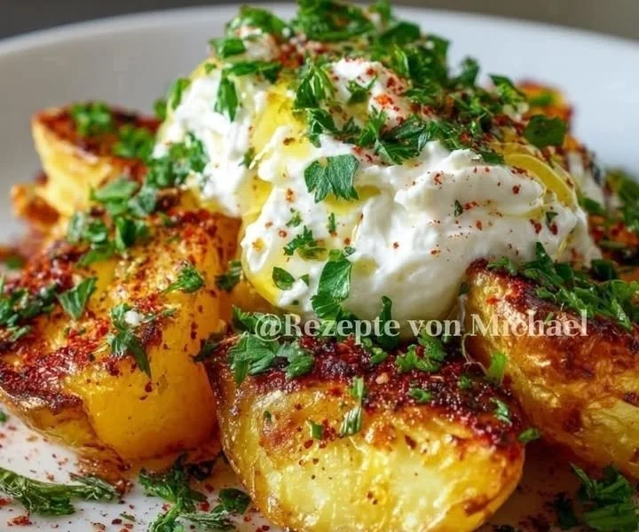 Griechische Ofenkartoffeln mit geschlagenem Feta auf einem Teller angerichtet.