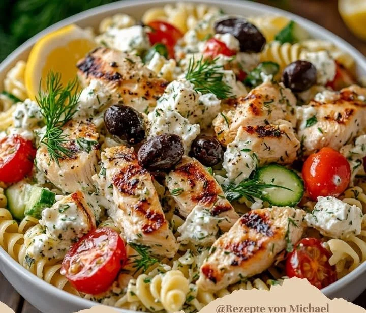 Griechischer Hähnchen-Tzatziki-Pasta-Salat mit frischen Zutaten