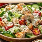 Griechischer Hähnchen Tzatziki Salat mit frischem Gemüse und Dressing