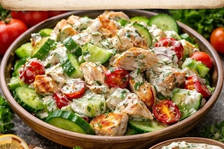 Griechischer Hähnchen Tzatziki Salat mit frischem Gemüse und Dressing
