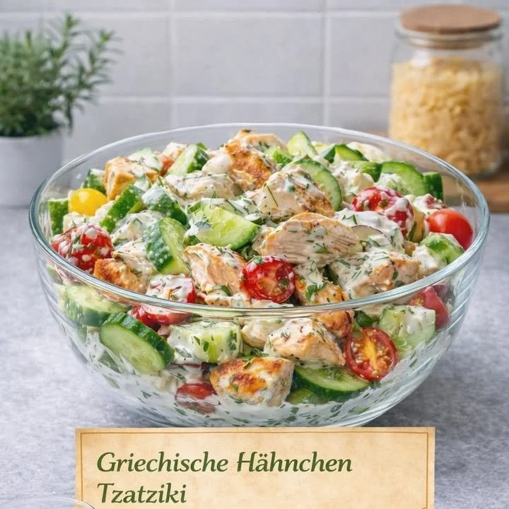 Griechischer Hänchen-Tzatziki-Salat mit frischem Gemüse und cremigem Tzatziki