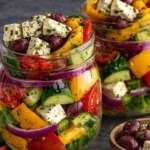 Griechischer Salat im Glas mit frischem Gemüse und Oliven