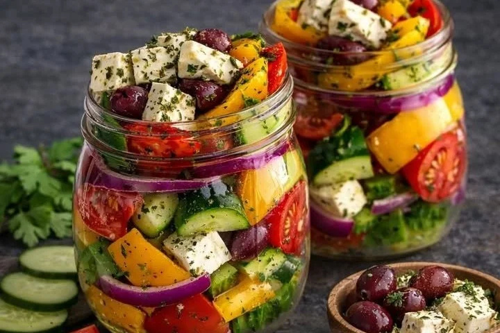 Griechischer Salat im Glas mit frischem Gemüse und Oliven