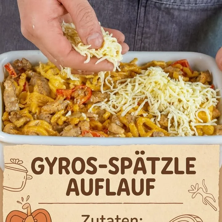 Leckerer Gyros-Spätzle Auflauf mit Käse überbacken