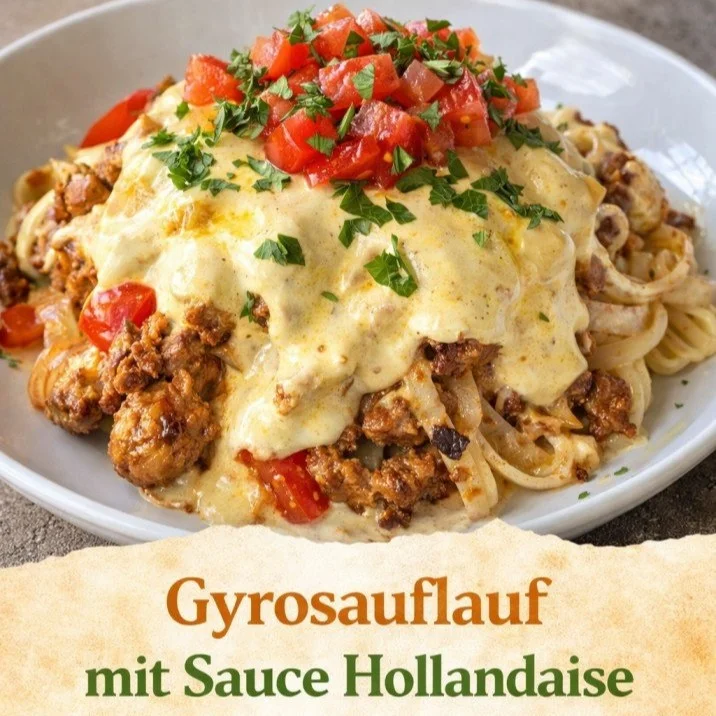 Gyrosauflauf mit Knoblauch und Sauce Hollandaise