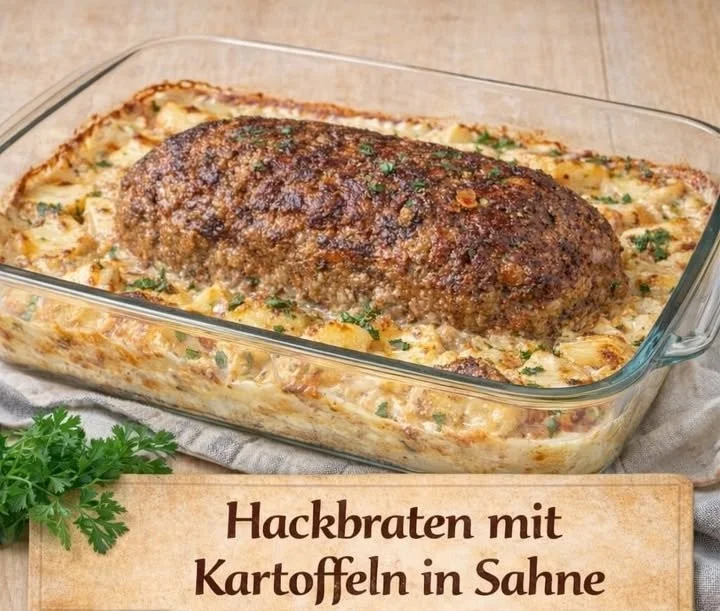 Hackbraten mit Kartoffeln in Sahne auf einem Teller serviert