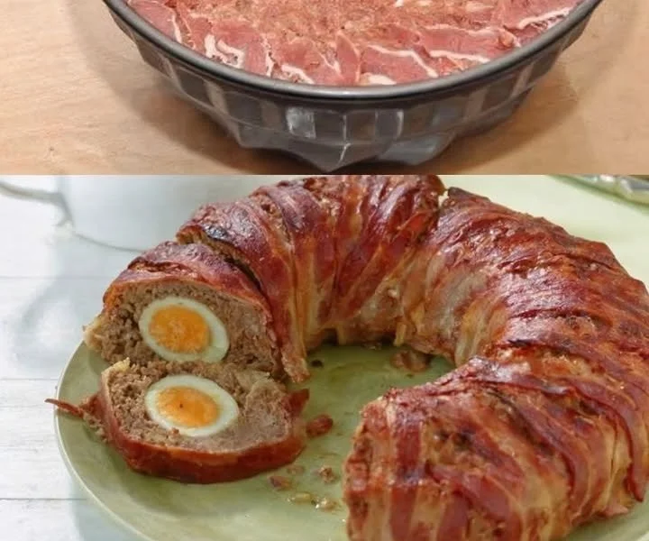 Leckerer Hackbraten mit Überraschung auf einem Teller serviert.