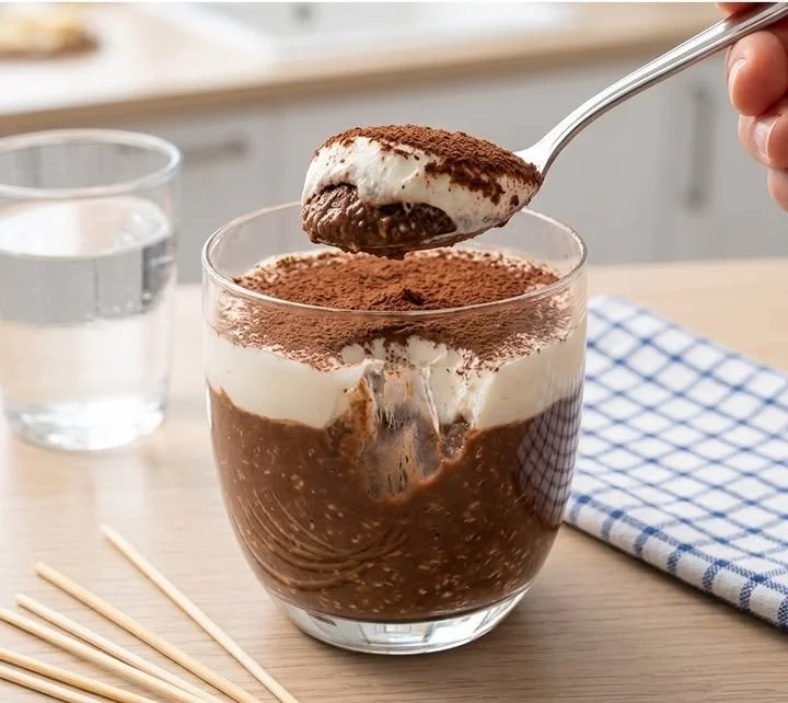 Ein verführerisches Hafer-Tiramisu auf einem Teller, dekoriert mit Kakaopulver.