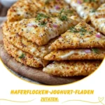 Haferflocken-Joghurt-Fladen auf einem Teller mit frischen Früchten dekoriert