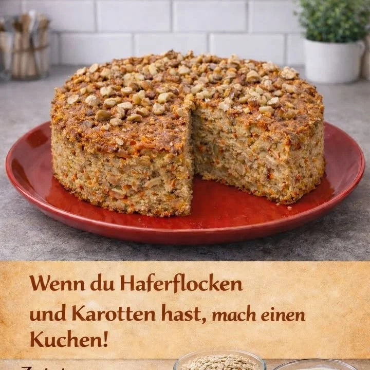 Ein Stück Haferflocken-Karotten-Kuchen auf einem Teller, dekoriert mit Karottenraspeln