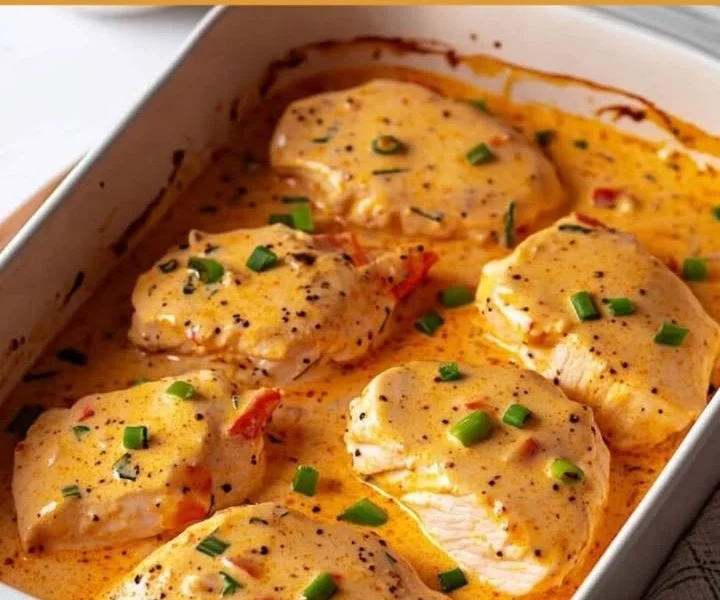 Hähnchenbrust in cremiger Frischkäse-Soße mit buntem Gemüse serviert