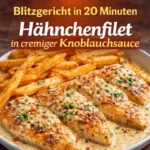 Hähnchenfilet in cremiger Knoblauchsauce auf einem weißen Teller