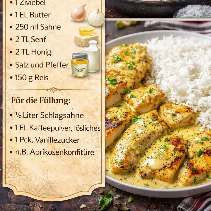 Hähnchenpfanne in Honig-Senfsoße auf einem Teller, liebevoll serviert