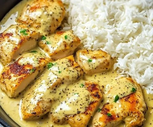 Hähnchenpfanne in Honig-Senfsoße mit Gemüse auf einem Teller