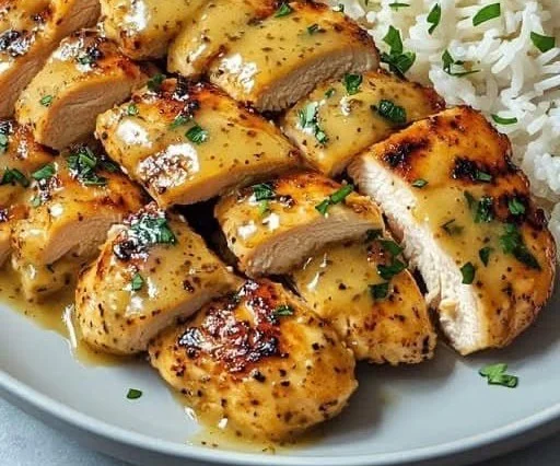 Hähnchenpfanne in Honigsauce auf einem Teller serviert