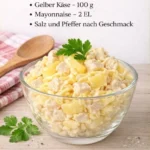 Hähnchensalat mit Ananas und Käse auf einem Teller serviert