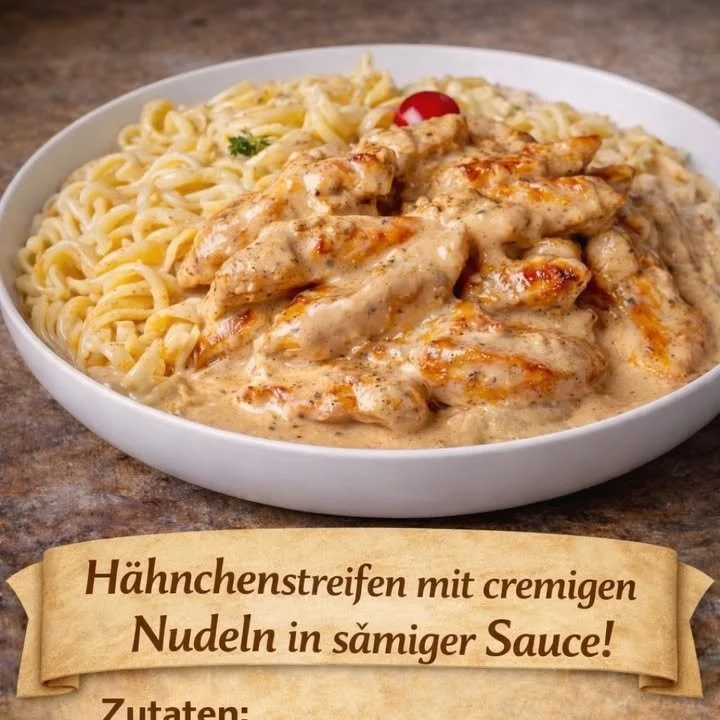 Hähnchenstreifen mit cremigen Nudeln auf einem Teller serviert