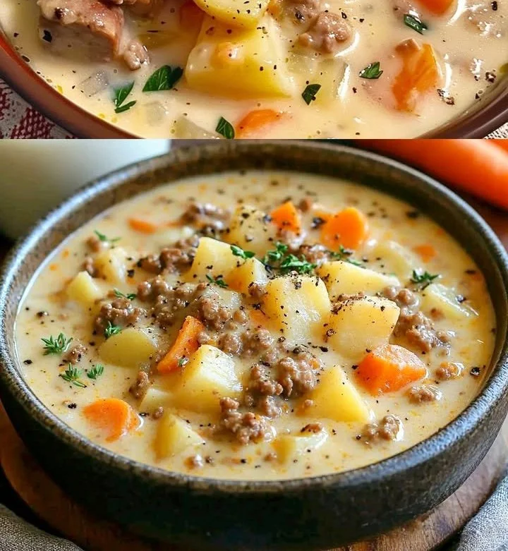 Schale Hamburger Suppe mit frischen Zutaten und Kräutern