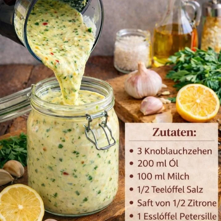 Hausgemachte Knoblauchcreme in einer Schüssel, ideal für Dips und Gerichte.