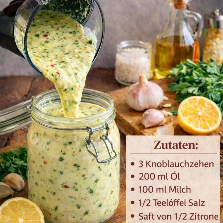 Hausgemachte Knoblauchcreme für Brot und Dips, lecker und einfach zubereitet.