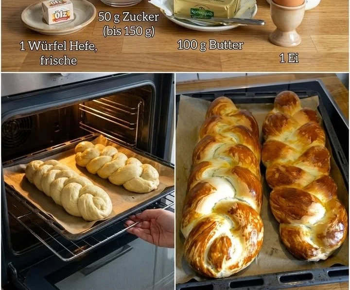 Frisch gebackener Hefezopf auf einem Holztisch, ideal für Feiertage und besondere Anlässe.