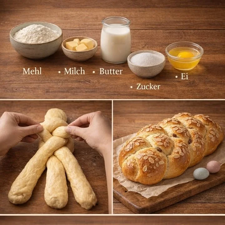 Frischer Hefezopf auf einem Holzbrett, golden gebacken und dekoriert.