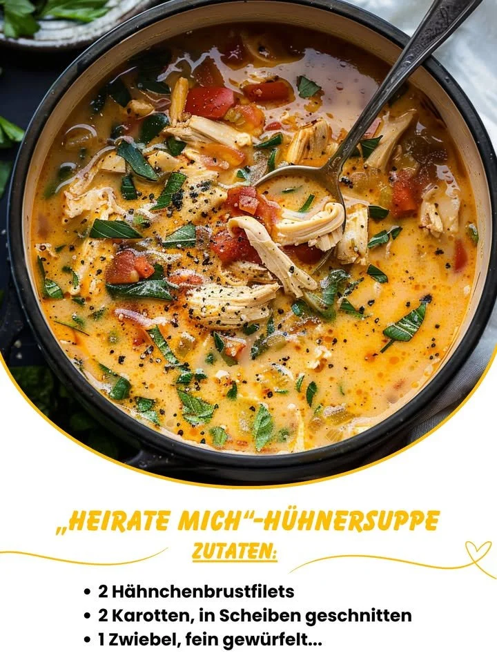 Heirate mich Hühnnersuppe in einer appetitlichen Schüssel serviert.
