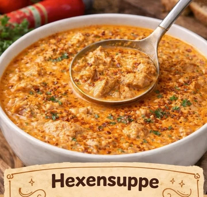 Schüssel mit Hexensuppe, gefüllt mit frischen Kräutern und buntem Gemüse