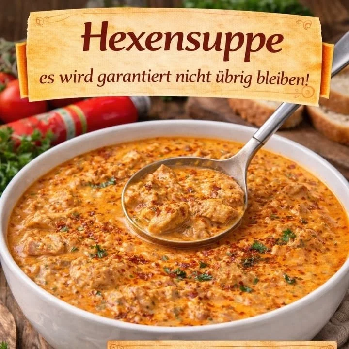 Eine Schüssel Hexensuppe mit bunten Zutaten und magischer Atmosphäre.