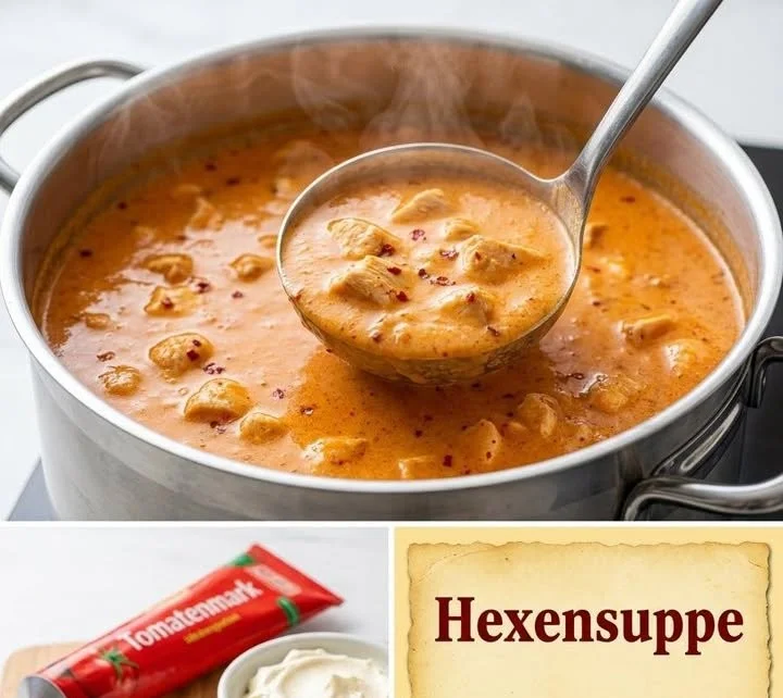 Köstliche Hexensuppe in einer dekorativen Schüssel, serviert für Halloween.