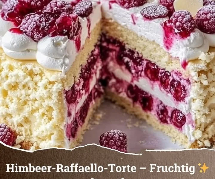 Himbeer-Raffaello-Torte mit frischen Himbeeren und Raffaello-Dekoration