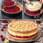 Himmelstorte mit Sauerkirschen auf einem eleganten Dessertteller serviert.