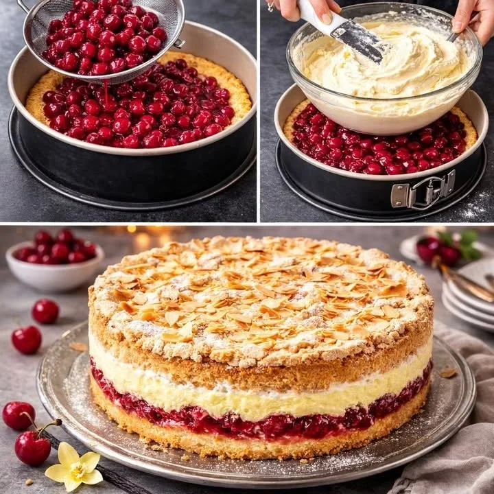 Himmelstorte mit Sauerkirschen auf einem eleganten Dessertteller serviert.