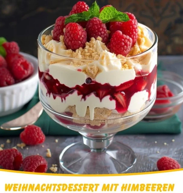 Himmlisches Weihnachtsdessert mit Himbeeren auf einem eleganten Teller.