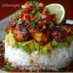 Honig-Limetten-Hühnchen mit Avocado-Reis auf einem Teller serviert