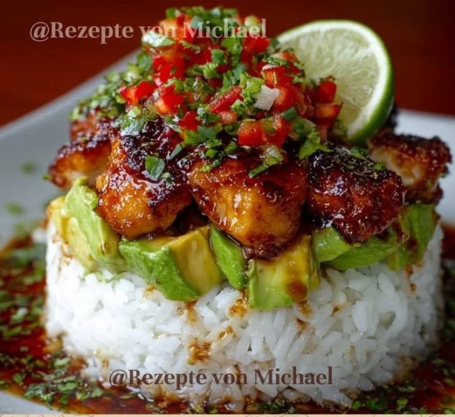 Honig-Limetten-Hühnchen mit Avocado-Reis auf einem Teller serviert