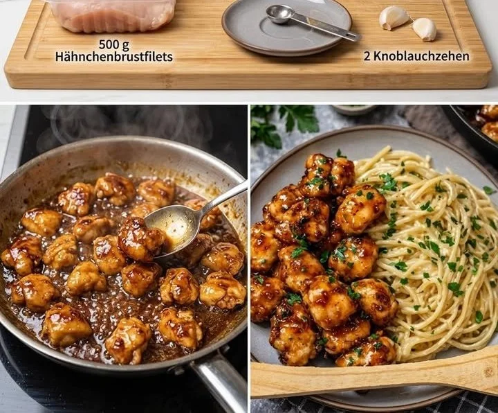 Honig-Knoblauch-Hühnchen mit cremigen Spaghetti auf einem Teller serviert.