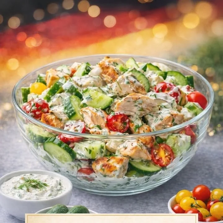 Hühnchensalat mit Tzatziki in einer Schüssel serviert