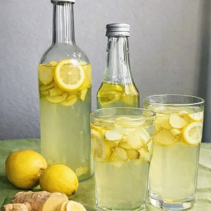 Glas mit Ingwer Zitronenwasser auf einem Tisch, umgeben von frischen Zitronen und Ingwerwurzel.