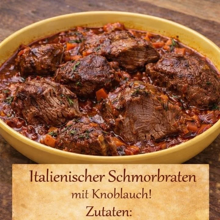 Italienischer Schmorbraten mit Knoblauch auf einem Teller serviert