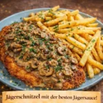 Jägerschnitzel mit Jägersauce auf einem Teller serviert