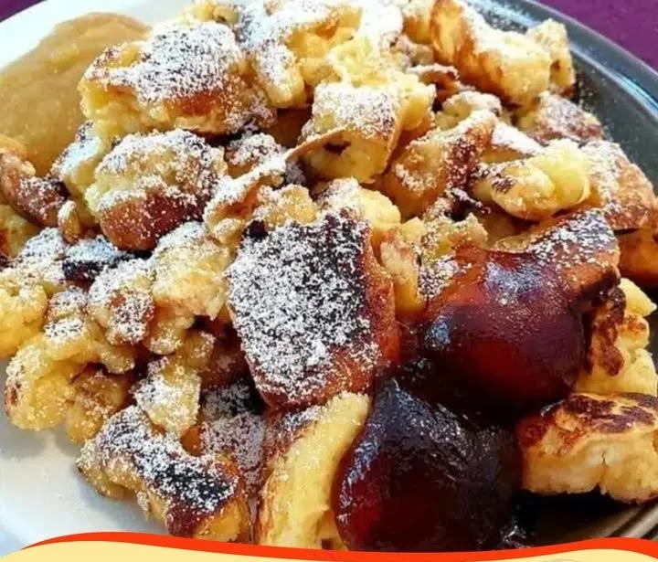Leckerer Kaiserschmarrn serviert mit Puderzucker und Apfelmus