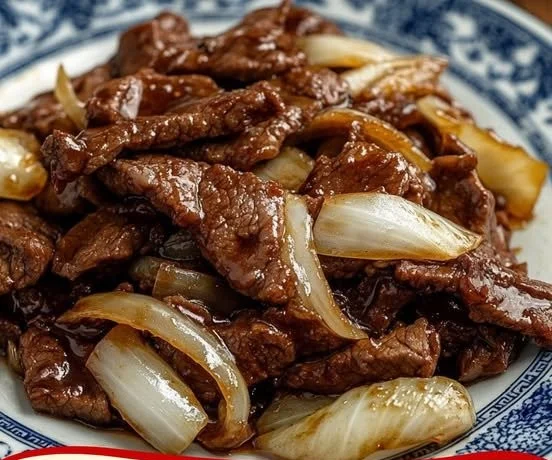 Karamellisiertes Rindfleisch mit Zwiebeln und Sesam auf einem Teller präsentiert