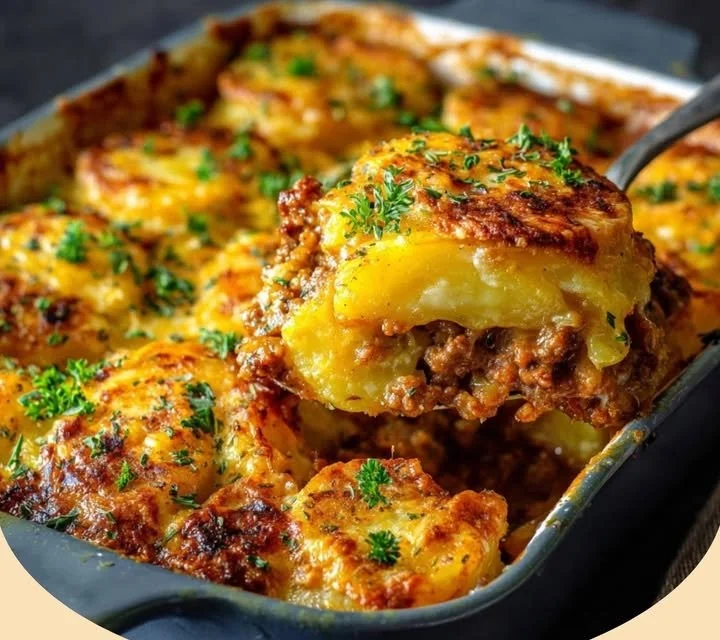 Kartoffel-Hackfleisch-Auflauf frisch aus dem Ofen, lecker und herzhaft.