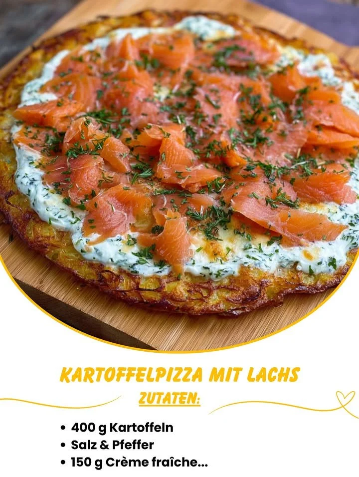 Leckere Kartoffelpizza mit Lachs, frisch zubereitet und serviert.