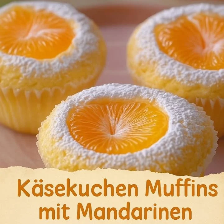 Leckere Käsekuchen Muffins mit Mandarinen auf einem Holzbrett
