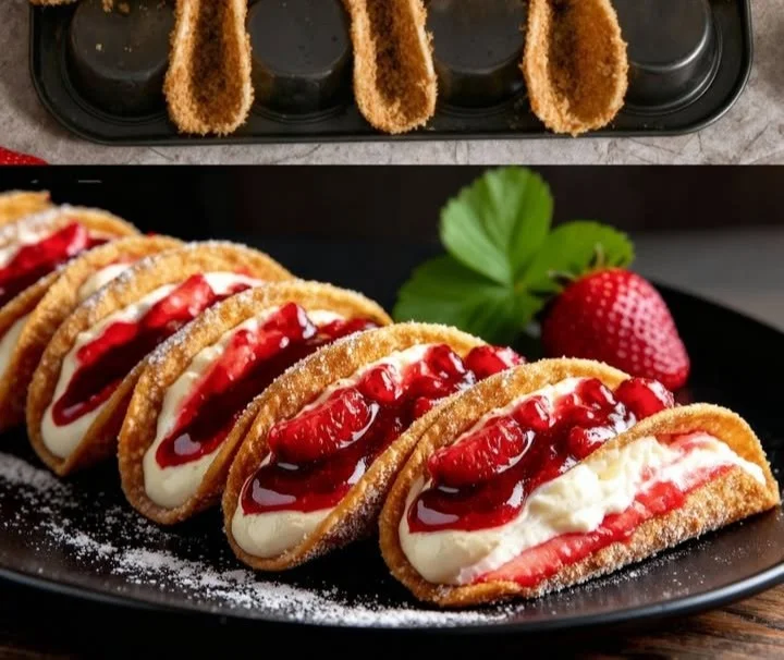Leckere Käsekuchen-Tacos auf einem Teller serviert.