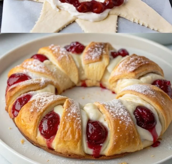 Leckerer Kirsch-Frischkäse Kranz auf einem Tisch serviert.